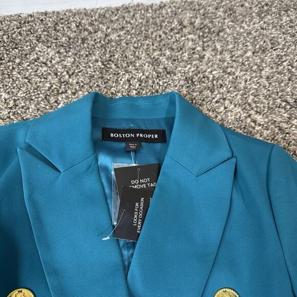 Boston Proper Modern Double Breasted Blazer Size 4 Teal Blue Gold Buttons New - Picture 2 of 9